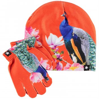 Molo Шапка и перчатки Kaya Peacock (красный с павлинами)